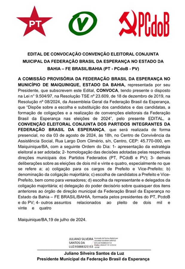 PV, PC do B e PT fazem convite para convenção partidária em Maiquinique