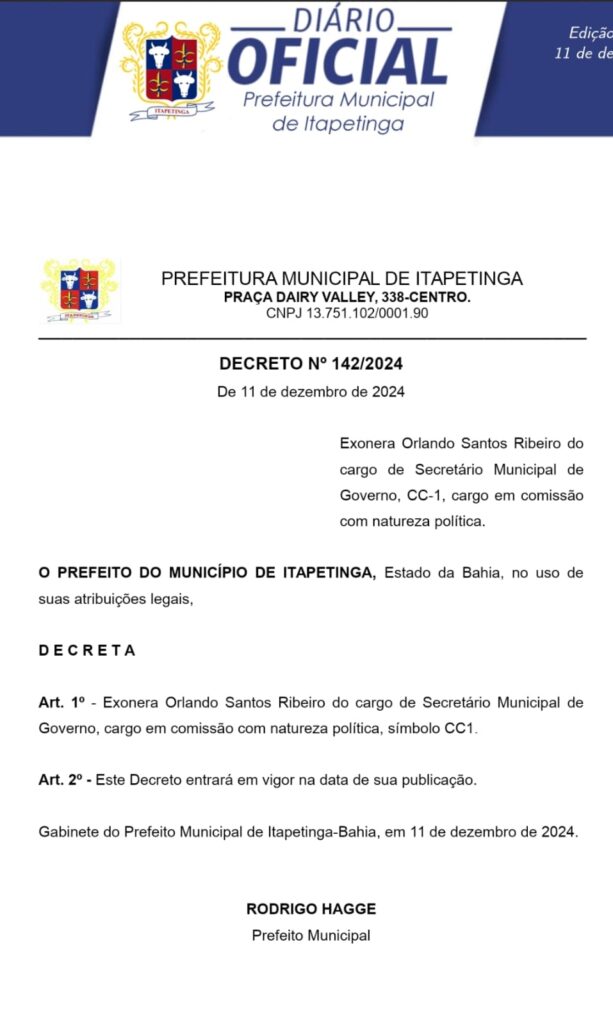 ITAPETINGA | ORLANDO RIBEIRO É EXONERADO DO CARGO DE SECRETÁRIO DE GOVERNO E VAI RESPONDER PROCESSO EM PRISÃO DOMICILIAR