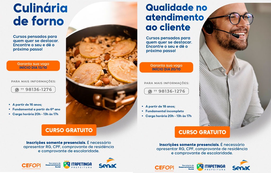 CEFOPI OFERECE CURSOS GRATUITOS DE CULINÁRIA E QUALIDADE NO ATENDIMENTO AO CLIENTE