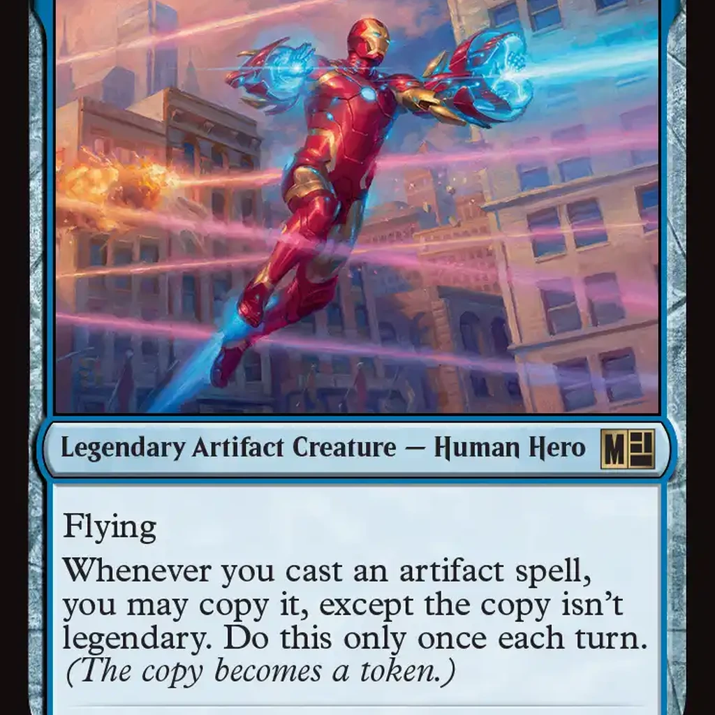 Carta Iron Man, Bleeding Edge do set Magic The Gathering Marvel Super Heroes - Homem de Ferro como carta lendaria azul