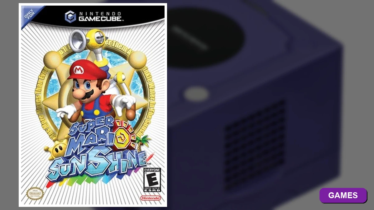 Badge da categoria Games com box art oficial do Super Mario Sunshine e console GameCube real na chegada do jogo ao Switch 2