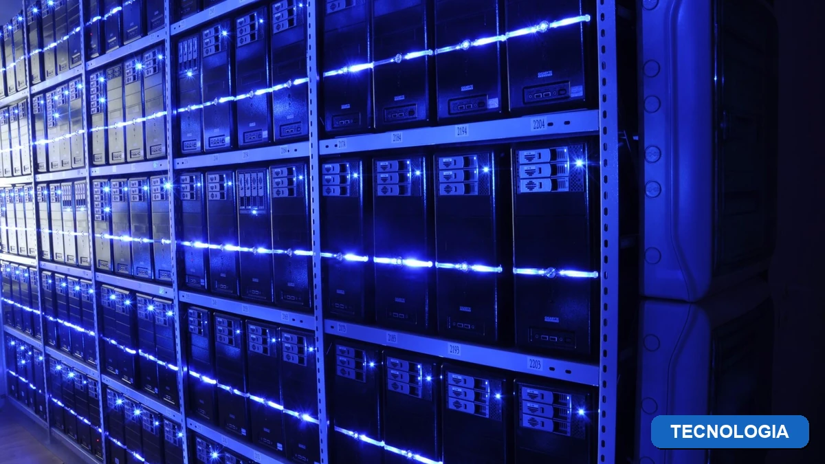 Badge da categoria Tecnologia com foto real de data center e o estudo sobre o impacto da inteligencia artificial no PIB do Brasil