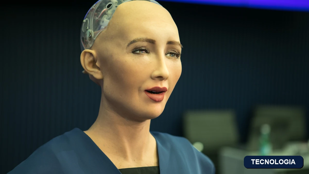 Badge da categoria Tecnologia com foto real do robô Sophia representando inteligência artificial
